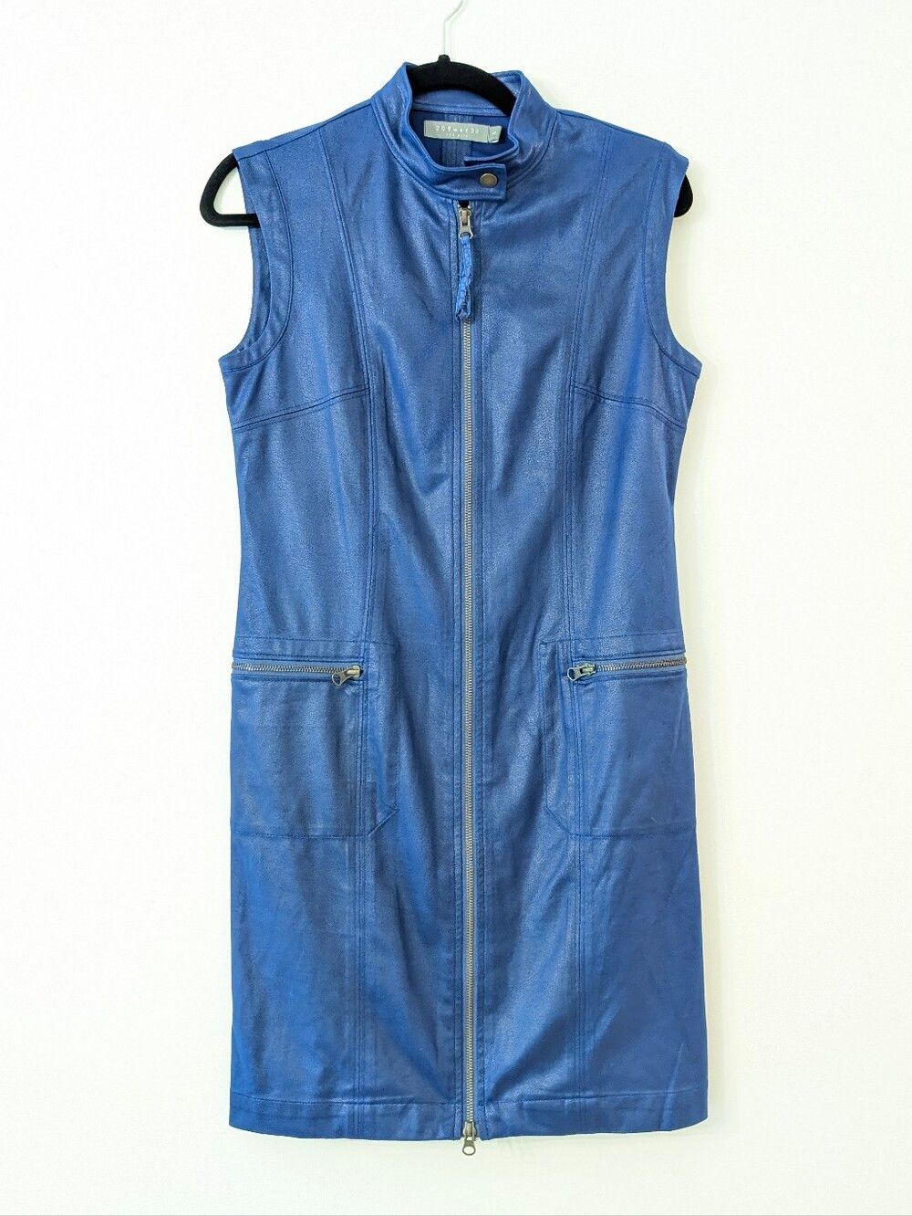 209wst38 Blue faux leather moto style zippered dress